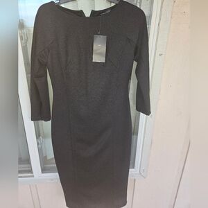 Zara Black Textured Long-Sleeve Midi Sheath Dress